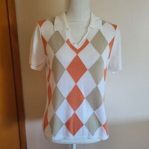Vintage Izod Argyle Knit Polo Top 90s Y2K Size Large